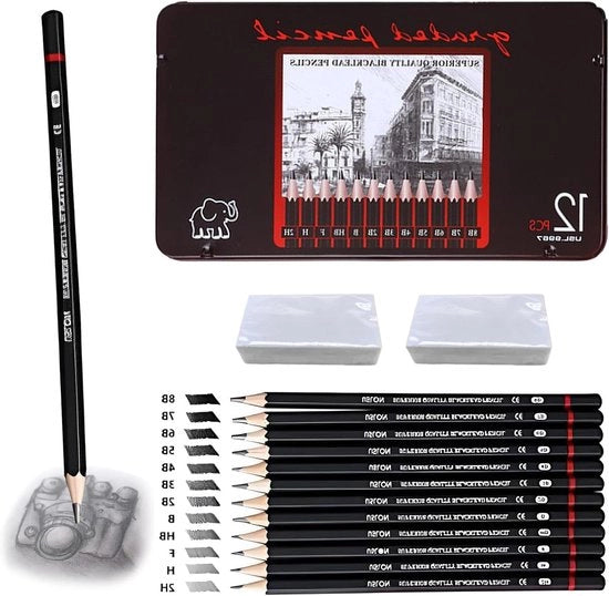 Set di matite a sbozzo da 12 pezzi con 2 gomme bianche - (8B 7B 6B 5B 4B 3B 2B B HB F H 2H) professionale - per principianti e artisti