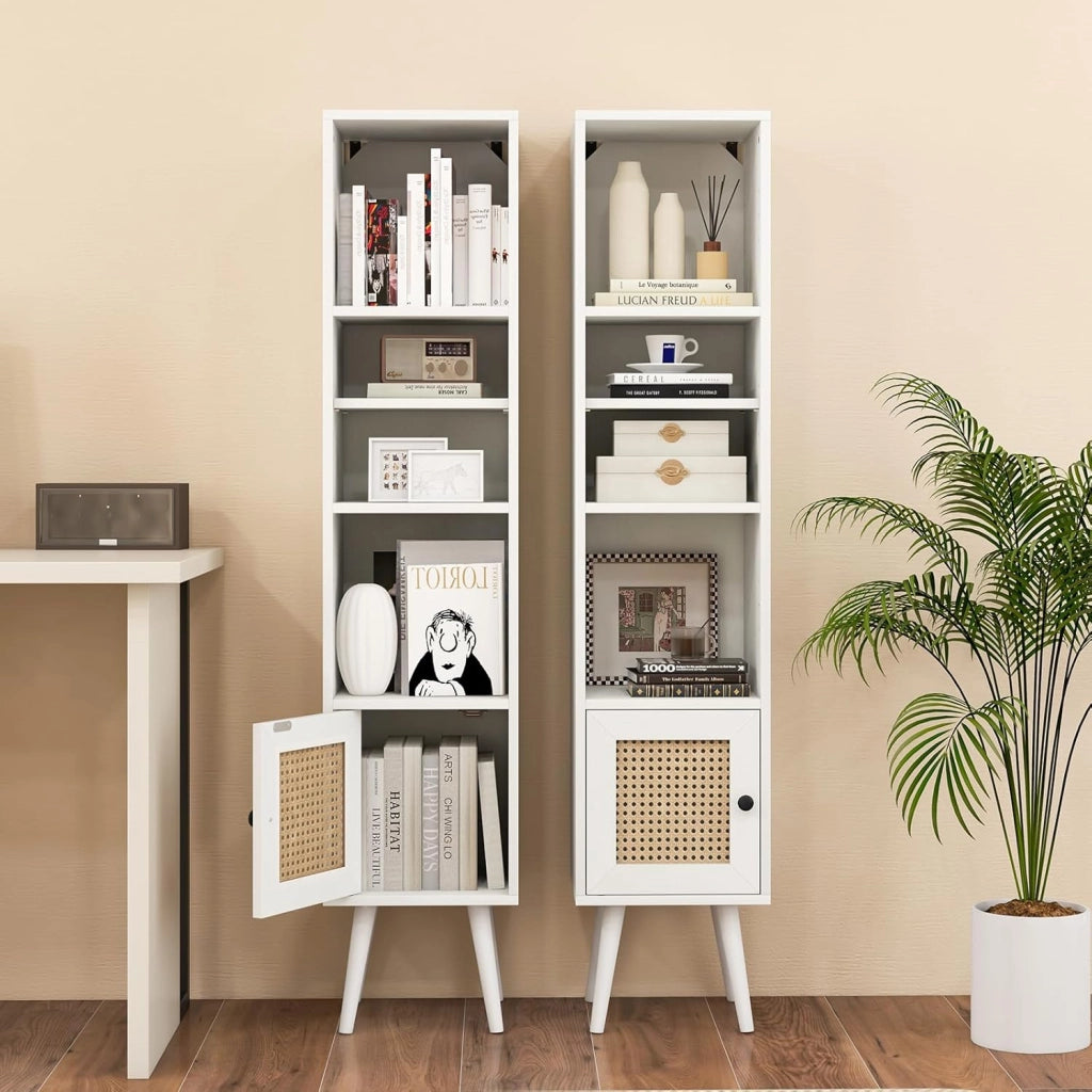 Armadio autoportante con anta in rattan, mobile a colonna con ripiano regolabile, libreria a piedi con dispositivo anti-ribaltamento, per soggiorno, sala studio (bianco)
