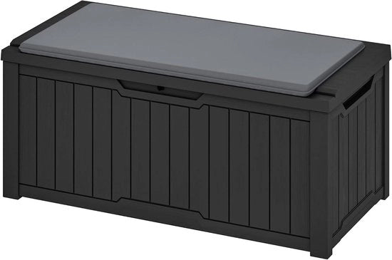 Scatola di stoccaggio all'aperto con cuscino 120 galloni - Box chiusura acqua per attrezzi da giardino, cuscini da tavolo e accessori per piscina - Chiusura - Montaggio facile - Bancopanchina multifunzionale (nero)