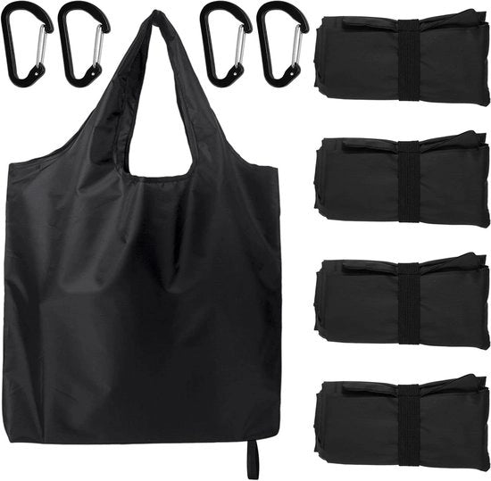 Set di 4 sacchetti porta-spesa pieghevoli con carabiner - Sacchetti per spesa riutilizzabili 56x43cm ecosostenibili lavabili neri