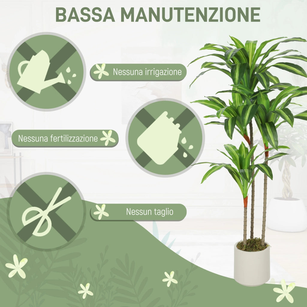 Pianta Artificiale di Dracena Alta 120 cm in PEVA  Verde e Legno con Vaso Contenitore in PP e Cemento Bianco