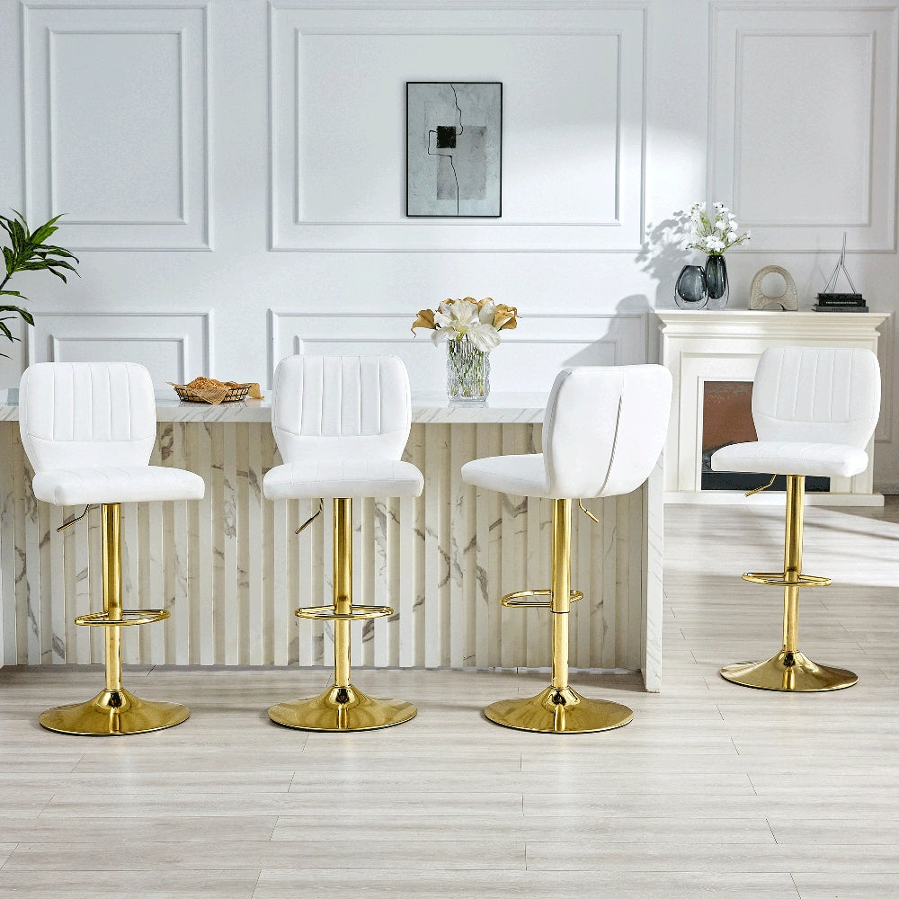 Sgabello da Bar Regolabile ¨C MINIMAL ¨C Similpelle Bianco Oro, Schienale, Girevole 360¡ã