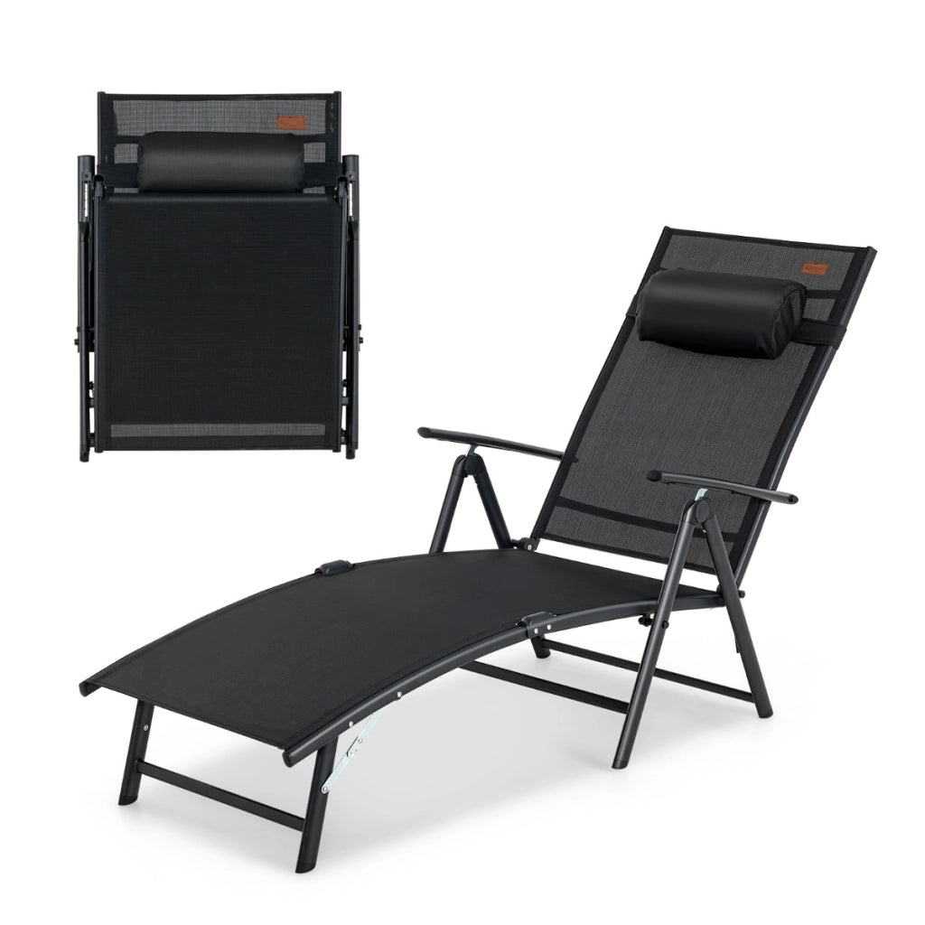 Sedia a sdraio pieghevole con schienale regolabile in 7 livelli portata 150kg, Sedia reclinabile portatile Nero-Poltrone e sdraio