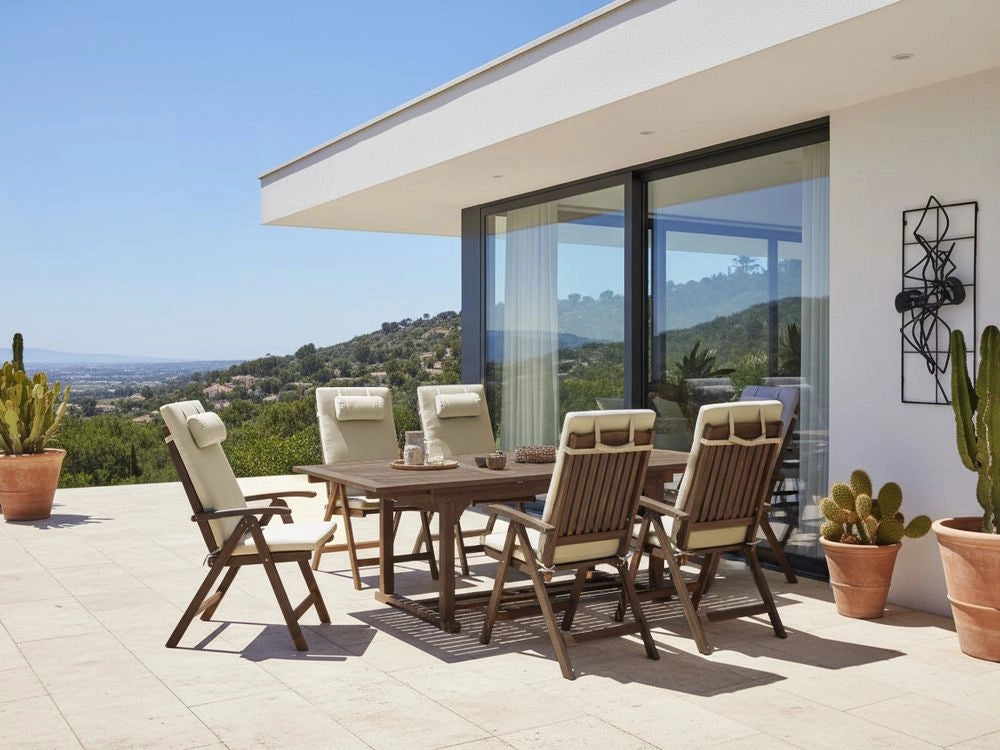Set da giardino con 6 sedie in legno di acacia marrone scuro con cuscini tortora in stile rustico con cuscini