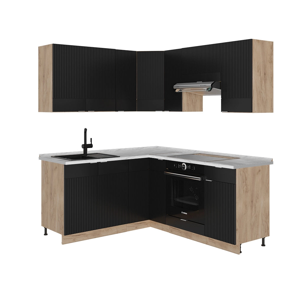 Vicco Cucina angolare completa Rovere nero rigato/oro 160 x 190 cm , PL Marmo