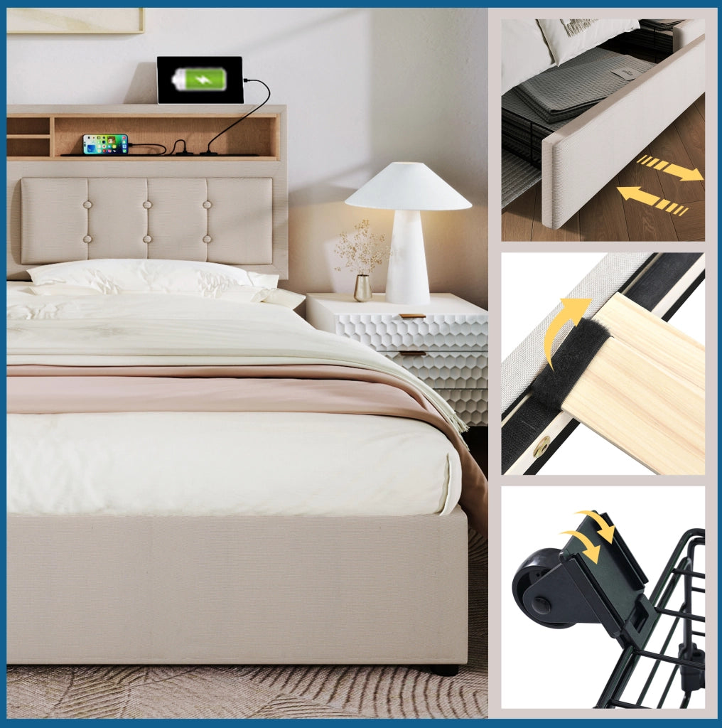 Letto imbottito 140x200 cm con 4 cassetti e prese USB-C
