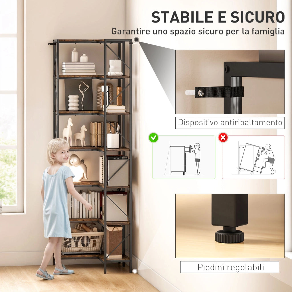 Libreria Angolare Industriale a 7 Livelli, in Legno e Acciaio, 60x60x198 cm, Marrone Rustico