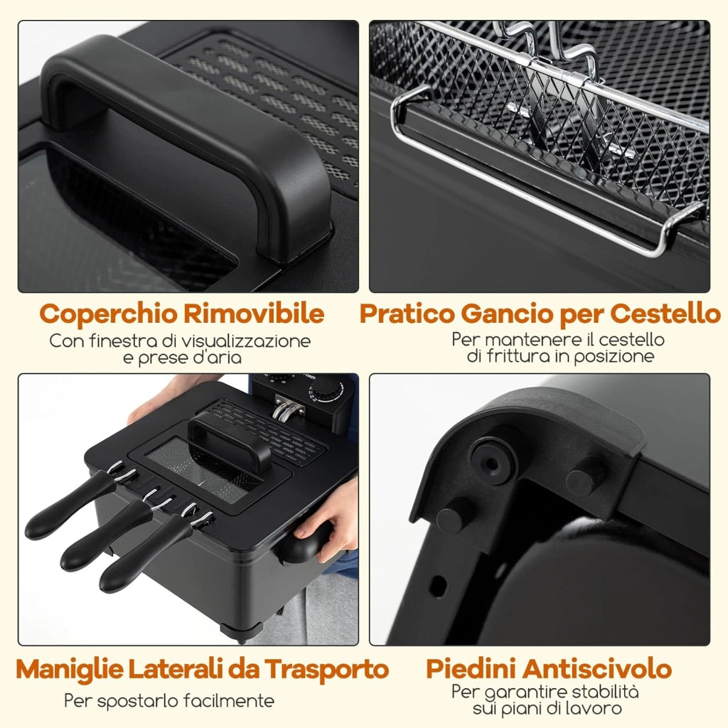 Friggitrice ad Olio 5 L, con 1 Cestello Grande e 2 Piccoli, Temperatura e Timer Regolabili, Friggitrice Elettrica Smontabile con Protezione dal Surriscaldamento, Potenza 1700 W