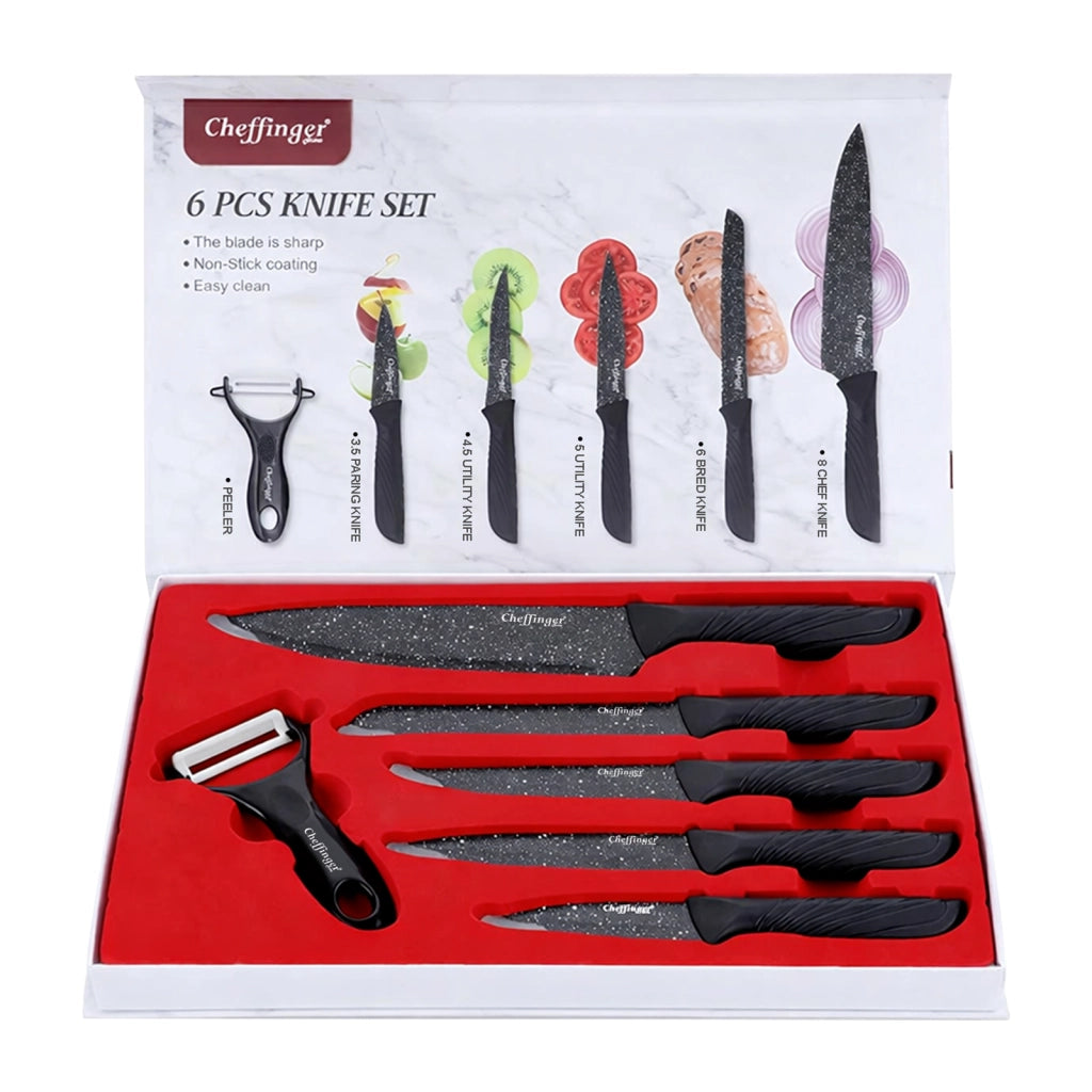 Set di 6 Coltelli Effetto Marmo Antiaderenti con Pelapatate Manici Lisci Nero Cheffinger