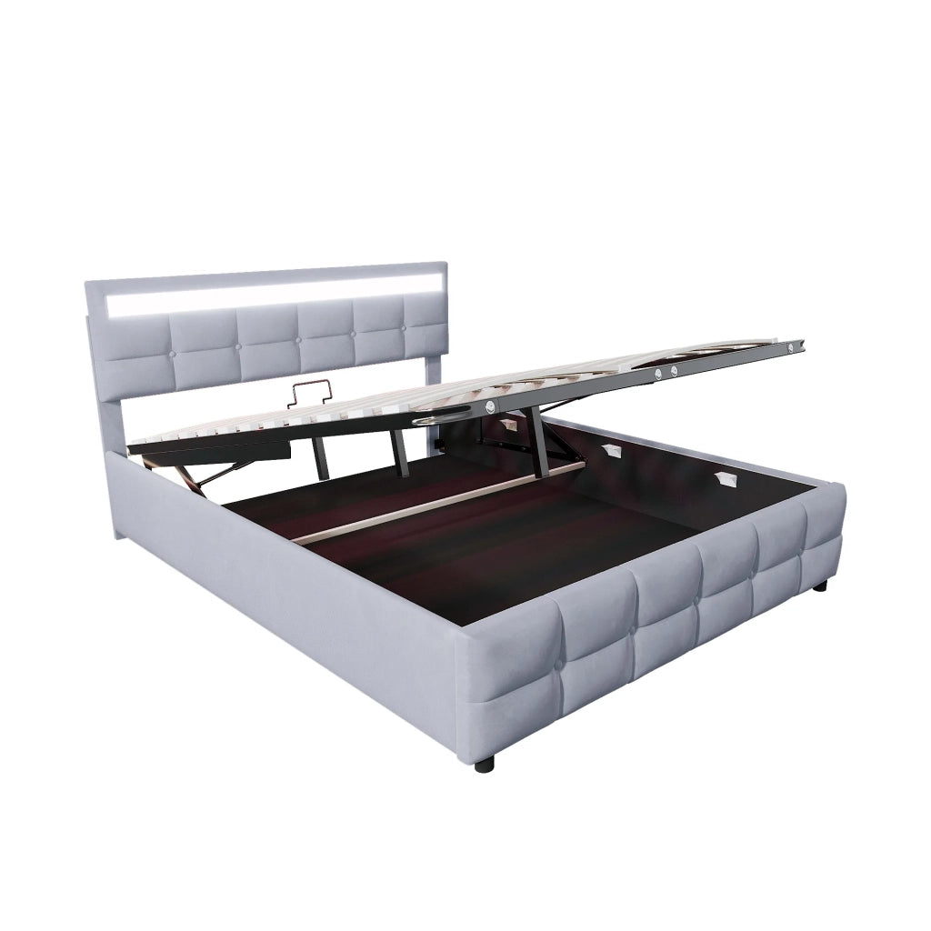 Letto matrimoniale contenitore 180x200 cm con LED; apertura idraulica; rivestimento in velluto grigio e rete