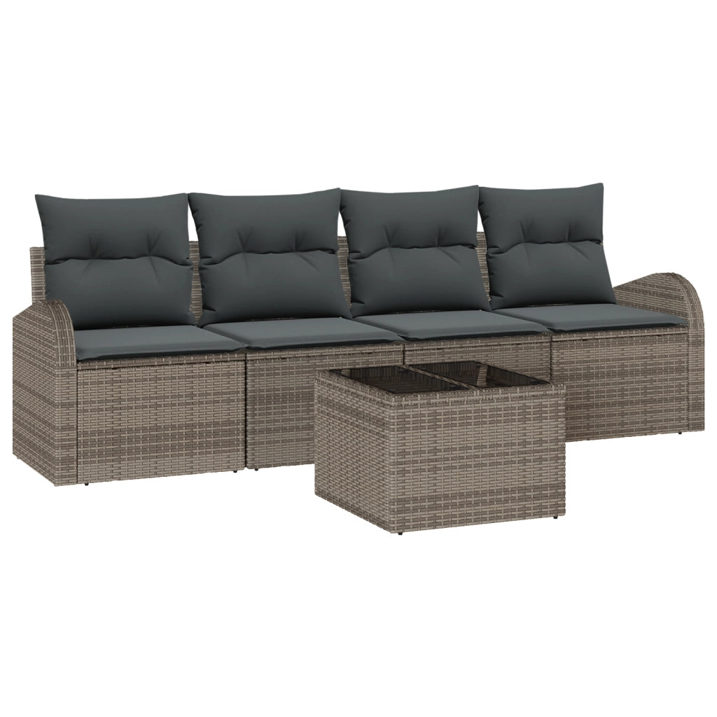 Set di divani da giardino da 5 pezzi con cuscini grigi in rattan sintetico