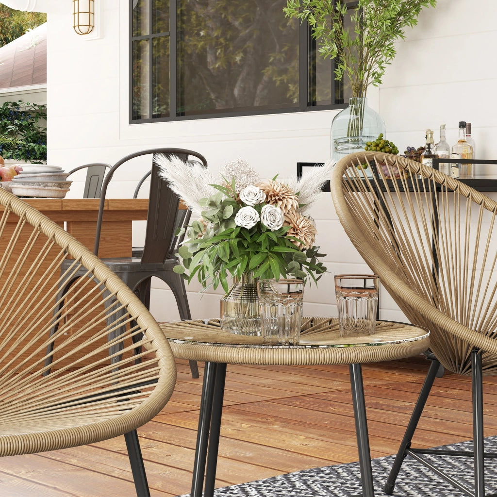 Set da Giardino 3 Pezzi con 2 Sedie con Cuscini e Tavolino da Caffè a Cilindro in Rattan PE Legno e Nero