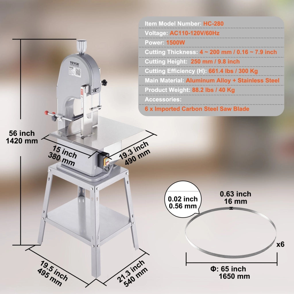 Segaossa Elettrica da Terra Uso Commerciale in Acciaio Inox per Carne Ossa da Macellerie 1500W Produttività max. 300kg/ora, Macchina Segaossa Elettrica Spessore di Taglio 4-200mm Altezza 250mm