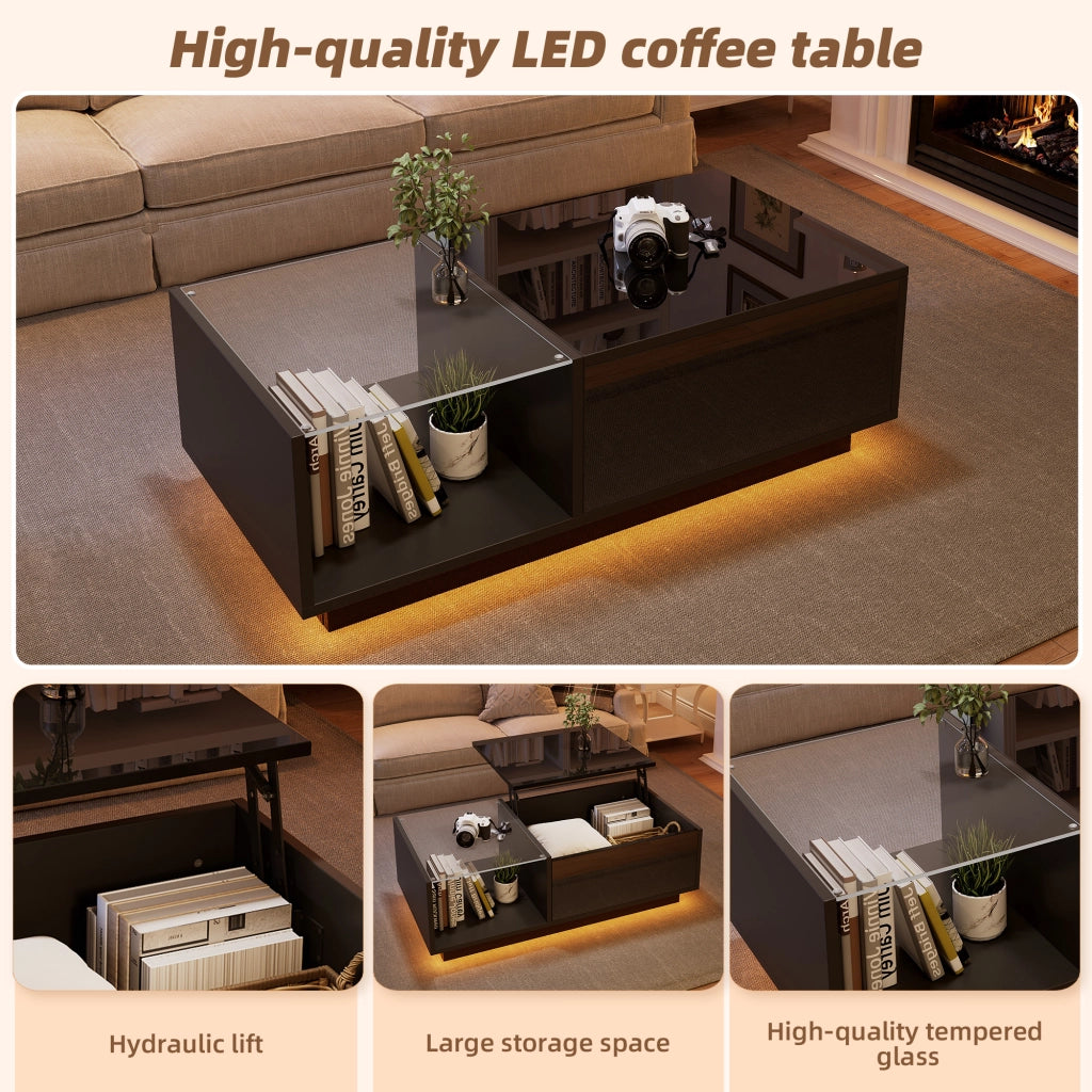 Tavolino basso sollevabile con 2 cassetti e vano nascosto LED finitura lucida moderna in legno ingegnerizzato nero