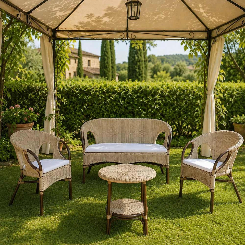 Salotto Mandolino in vimini color noce con 1 divanetto, 2 poltrone, 1 tavolino