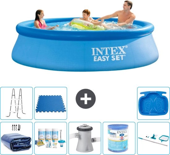 Piscina Rond Opblaasbar Easy Set - 305 x 76 cm - Blu - Inclusa Tenda Solare - Kit di Manutenzione - Pompa di Piscina - Filtro - Kit di Pulizia - Scala - Vasca per i Piedi - Piastrelle per Piscina