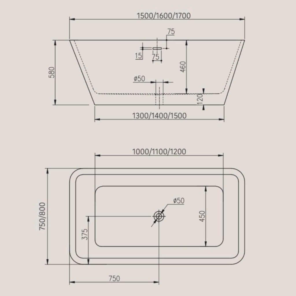 Vasca da bagno freestanding rettangolare acrilico bianco lucido 3 misure *** misure 160x80x58 cm, confezione 1