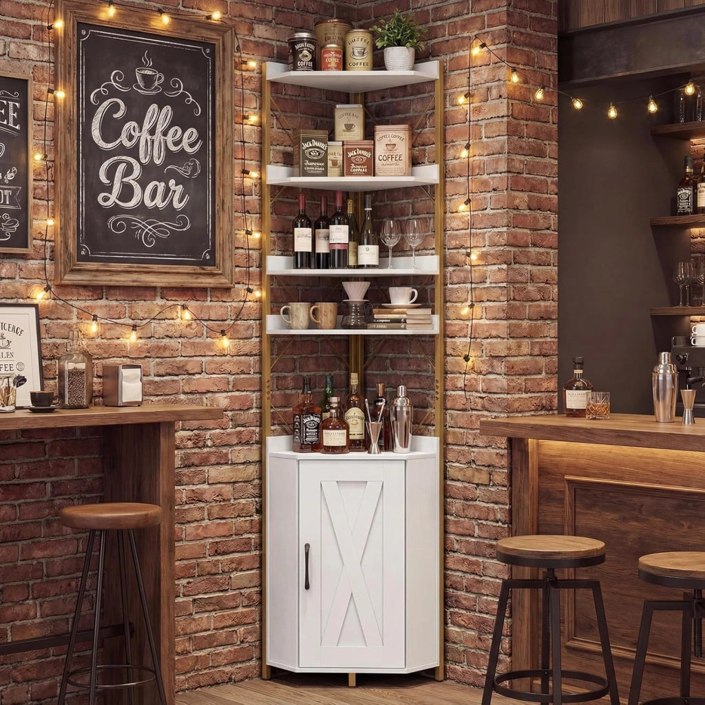 Libreria a 5 Ripiani, Mensola ad Angolo con Spazio di Archiviazione, Armadio ad Angolo con Paraspigoli Anticaduta, Autoportante, con 2 Kit Antiribaltamento, 38 x 38 x 180 cm (Bianco)