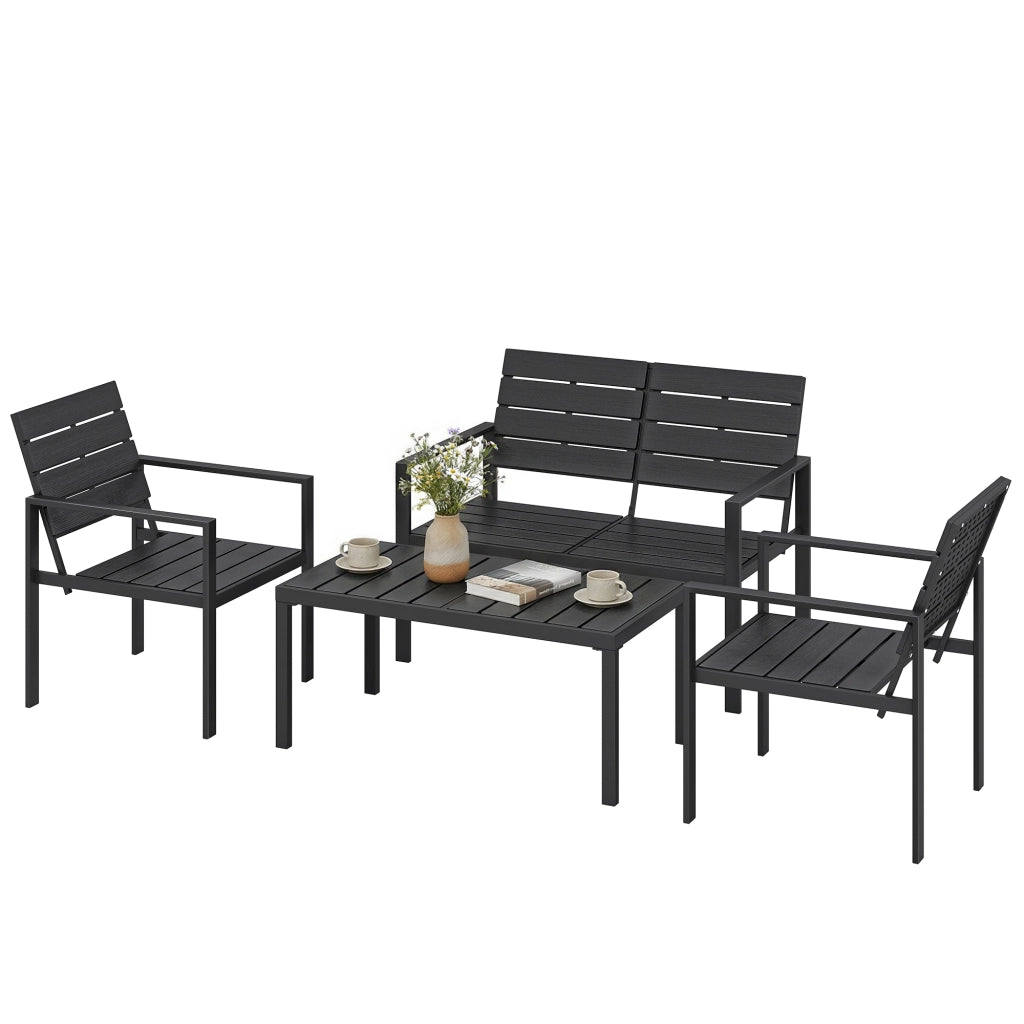 Set salotto da giardino 4 pezzi in HDPE nero con divano 2 posti, 2 poltrone e tavolino da caffe, resistente per terrazzo e veranda