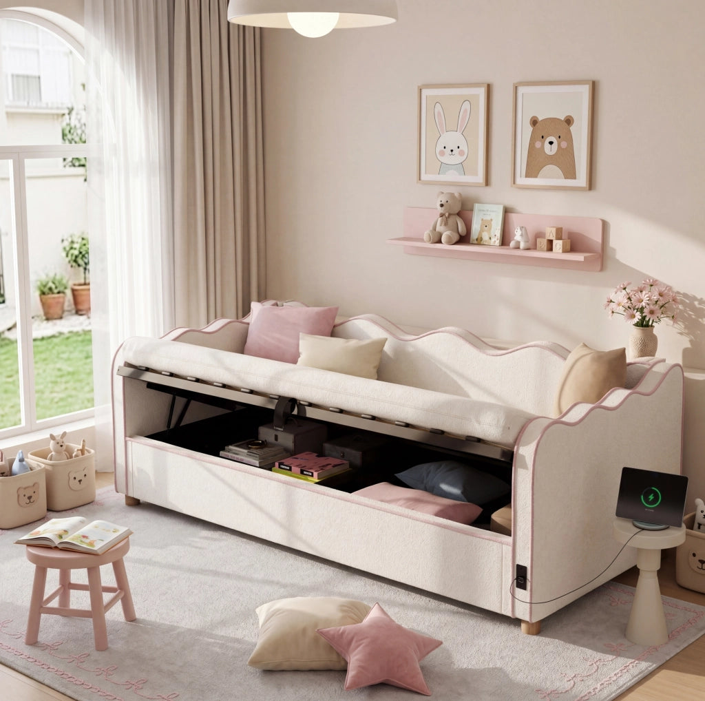 Letto imbottito 90x200 cm bouclé beige con vano contenitore