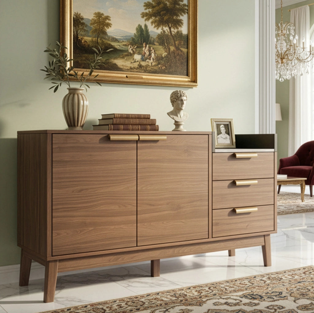 Credenza moderna rovere scuro con piano effetto marmo, 3 cassetti e ripiani regolabili