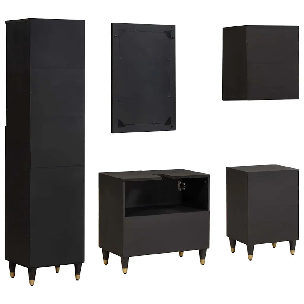 Set di Armadi da Bagno 5 pcs Nero Legno di mango massello