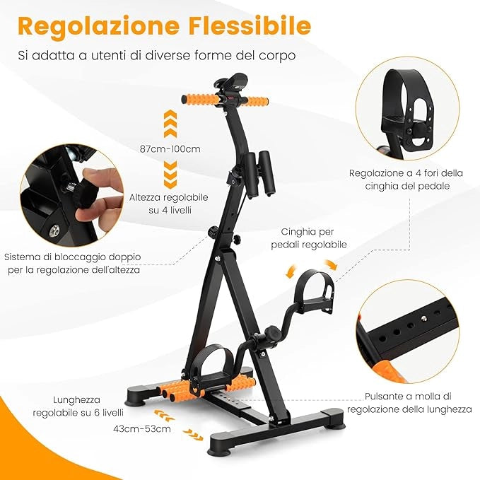 Cyclette a Pedali, Macchina per il Fitness per Mani, Braccia, Gambe e Ginocchia con Massaggio e Monitor LCD, Altezza e Lunghezza Regolabili