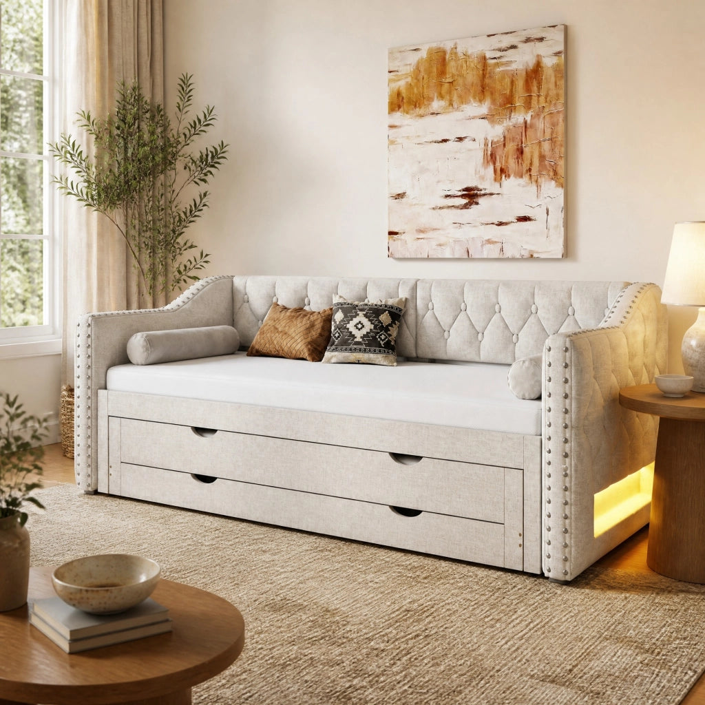 LETTO Giorno 90x200 cm Beige con LED, letto estraibile e 3 cassetti
