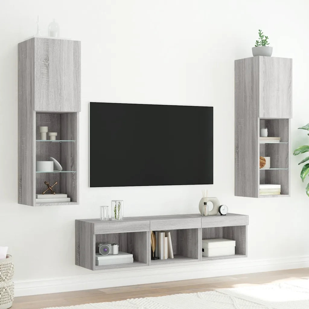 Mobili TV a Muro con LED 5pz | Armadietto TV | Mobile Porta TV Grigio Sonoma in Legno Multistrato