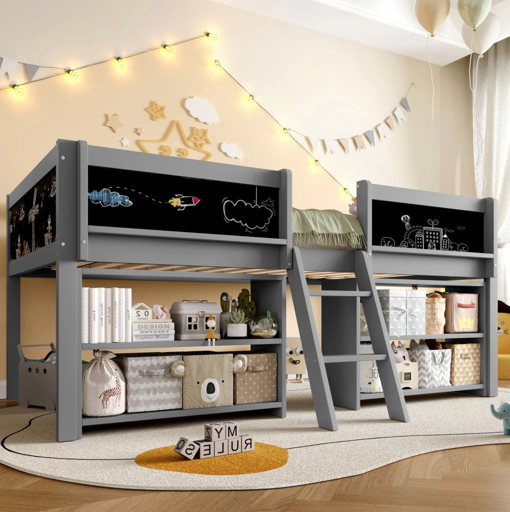 Letto semialto per bambini 90x200 cm con ripiani e lavagna grigio