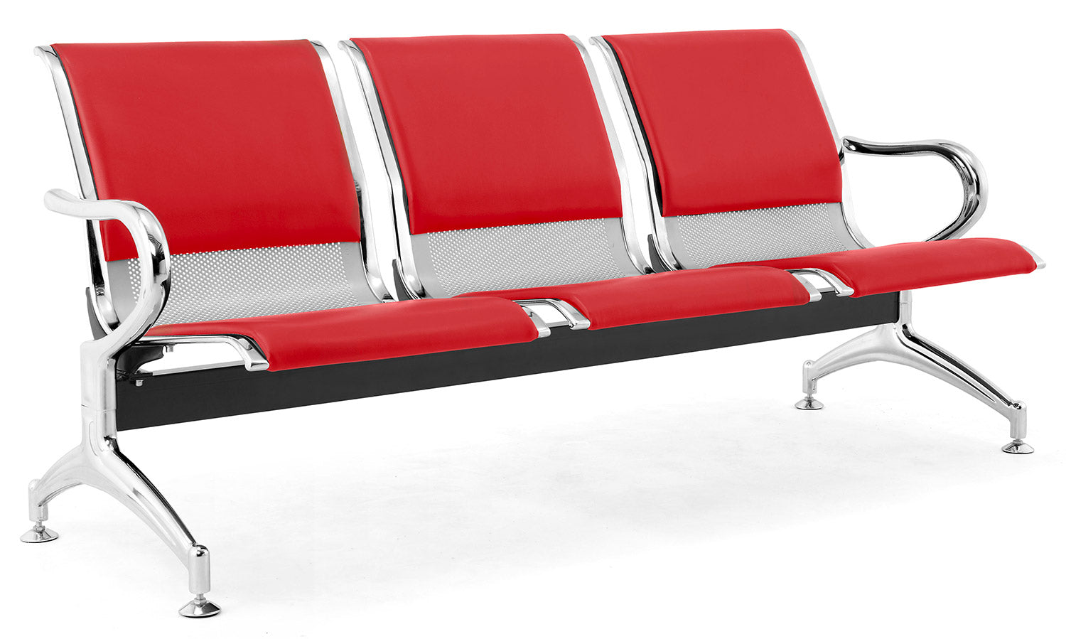 Panca per Sala Attesa 3 Posti da Ufficio con Cuscino in Acciaio e Similpelle Argento/Rosso