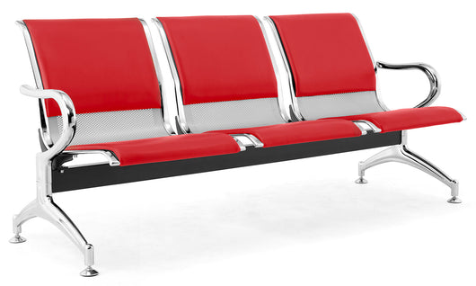 Panca per Sala Attesa 3 Posti da Ufficio con Cuscino in Acciaio e Similpelle Argento/Rosso