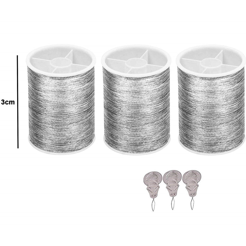 Trade Shop - 3 Bobine Rotoli Filo Poliestere Metallico + Infila Ago Argentato Ricamo Cucito -