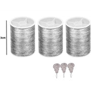 Trade Shop - 3 Bobine Rotoli Filo Poliestere Metallico + Infila Ago Argentato Ricamo Cucito -