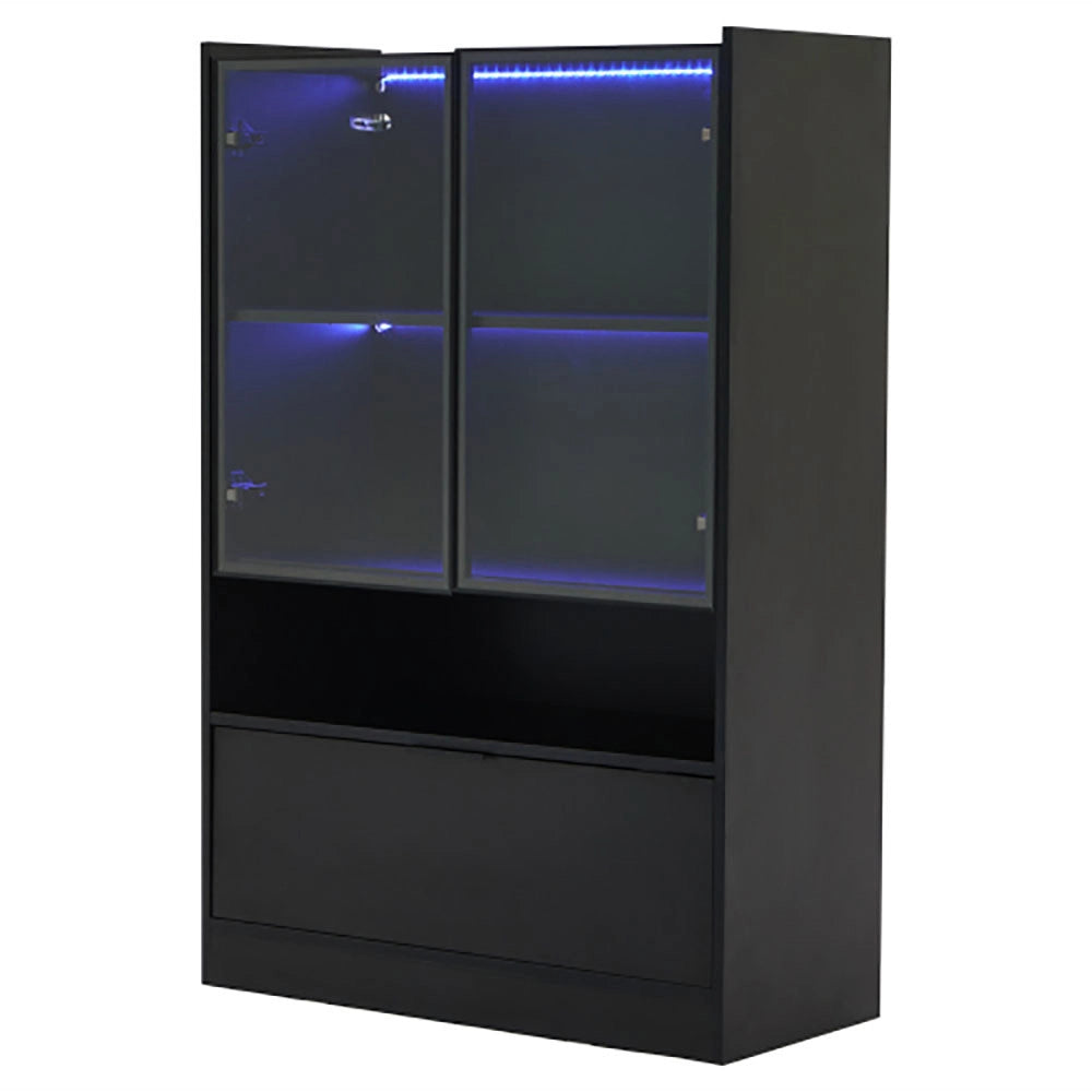 Vetrina a LED moderna - Xylo - 120 cm - Nero opaco - 16 colori, ante in vetro, porta ribaltabile