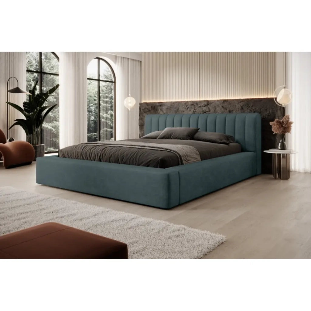 Letto contenitore CERVIN – Velluto morbido Notte smeraldo – 180x200 cm – Rete sollevabile – Design elegante
