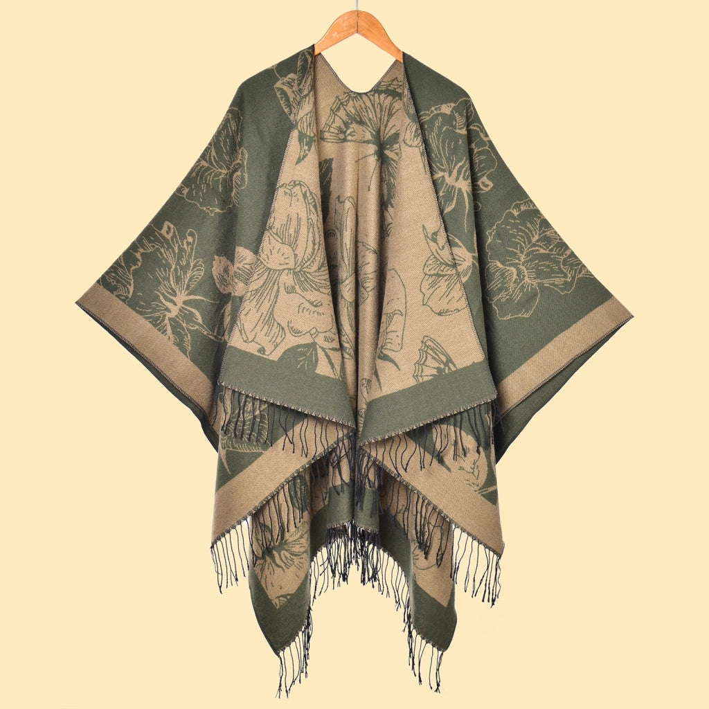 Elegante scialle caldo double-face con frange floreali e spacco laterale