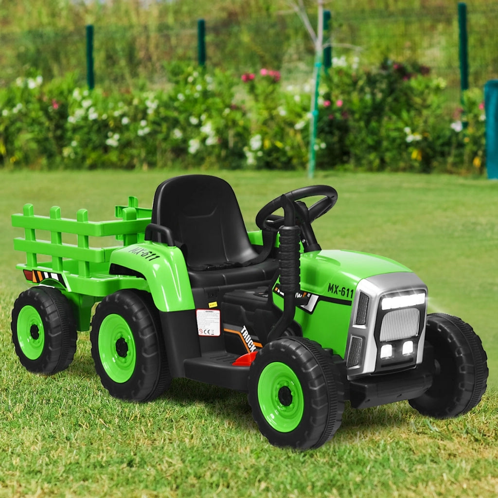 Trattore giocattolo elettrico con 3 marce luci led musica clacson, Trattore con rimorchio 12 v per bambini Verde-Macchinine giocattoli
