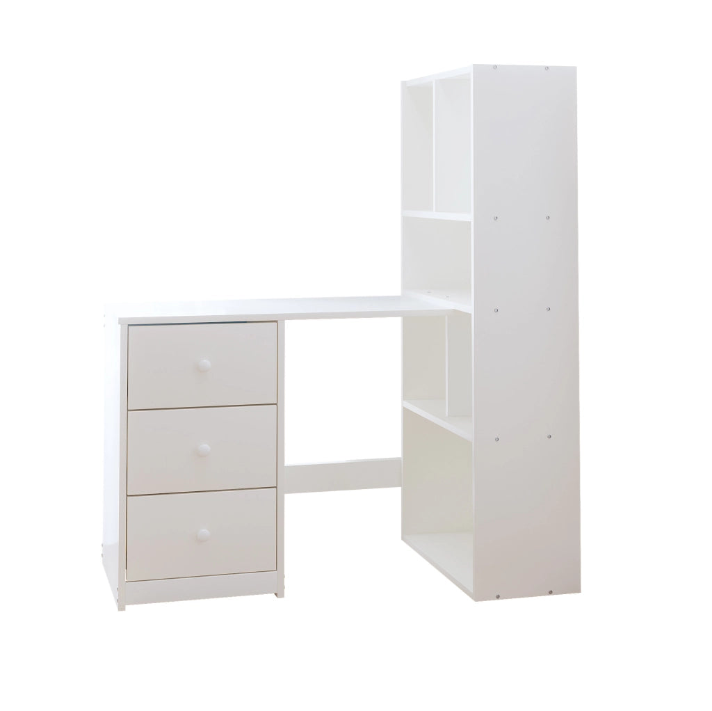 Scrivania angolare 117x63x135 cm bianca in legno; 4 ripiani e 3 cassetti