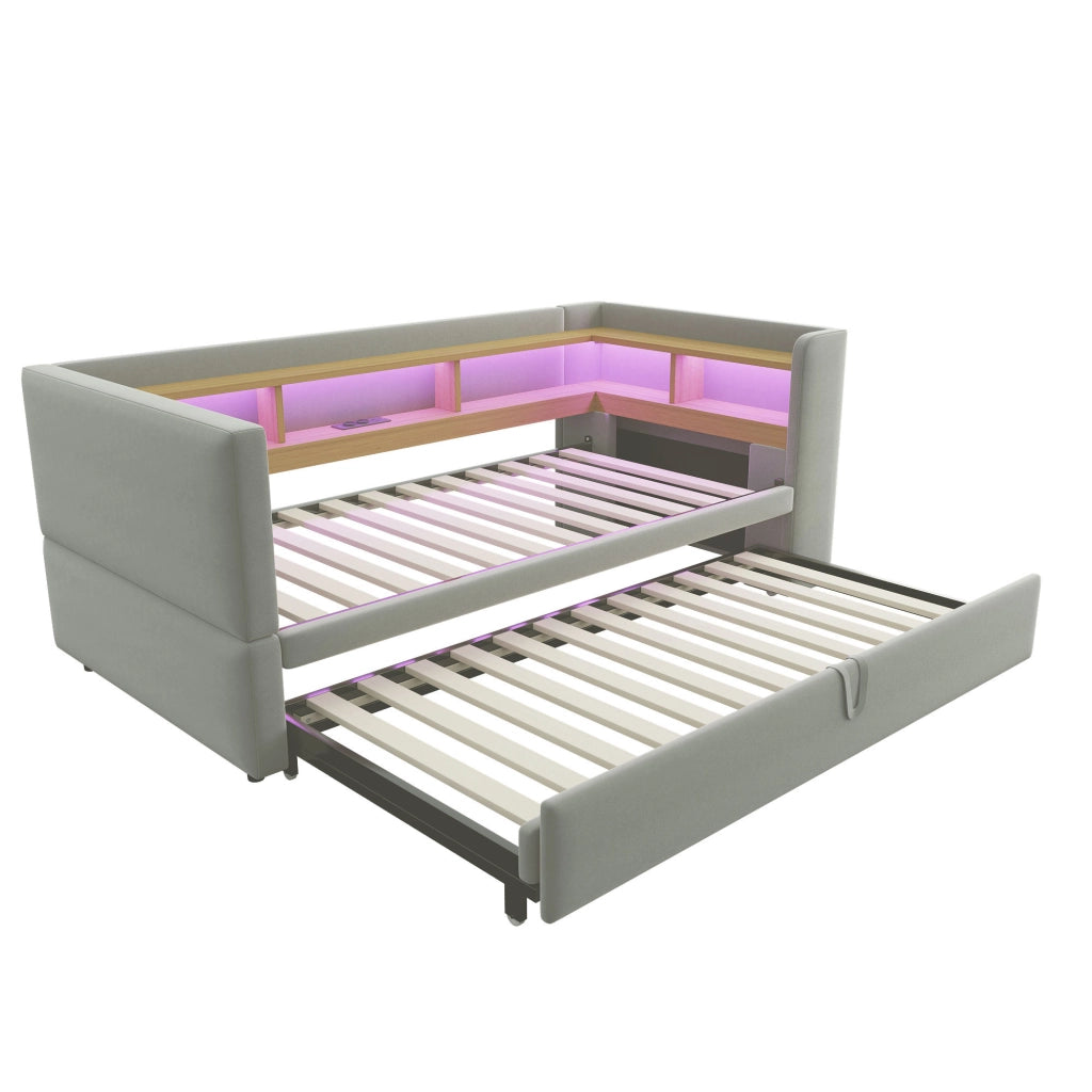 Divano letto imbottito 90/180 x 190 cm con luci LED, prese, vani contenitore e struttura in metallo