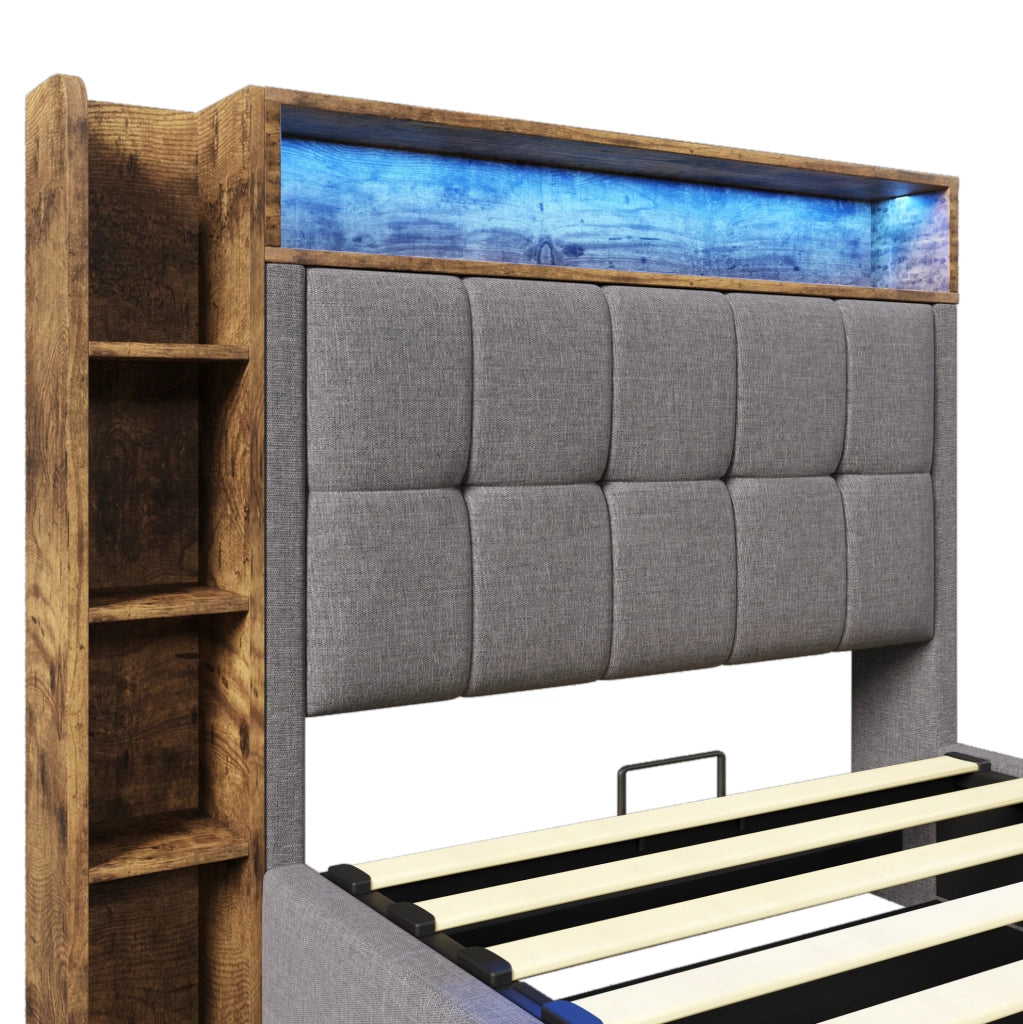 Letto imbottito 90x200 cm con USB e Type-C; contenitore idraulico; LED; grigio