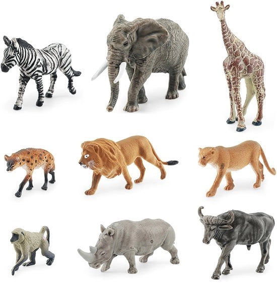 Set di figure animali da 9 - Figure di animali della savana - Figure di animali da fattoria - Figure di animali del bosco - Miniature in vinile e plastica - Giocattoli educativi - Giocattoli animali