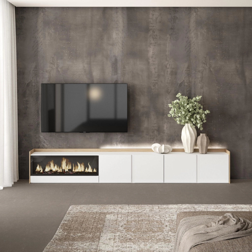 Mobile TV Soggiorno, 315x50x35 cm, Per TV fino a 80", Camino elettrico XXL, LED, Bianco e Rovere soft