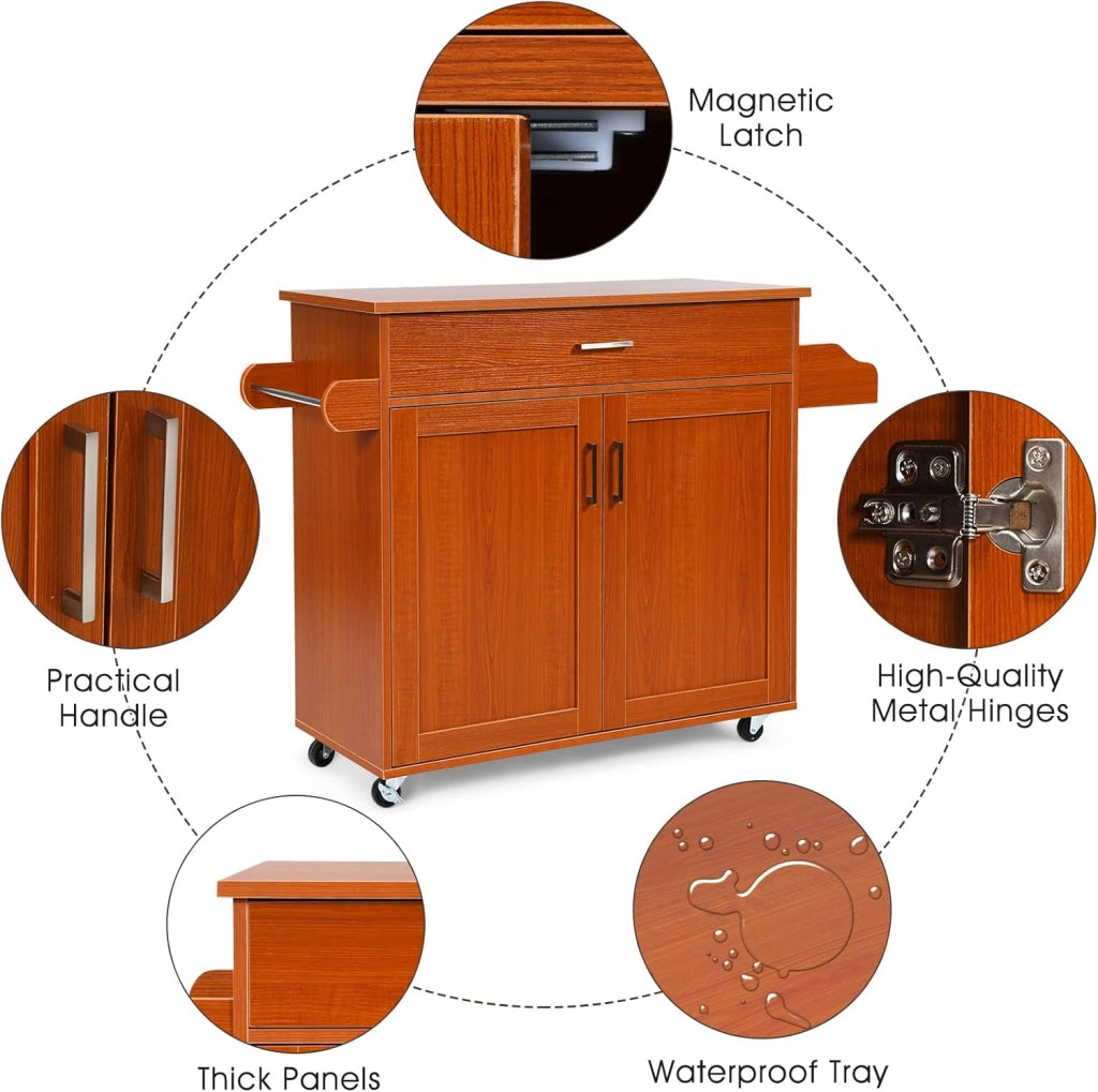 Carrello da cucina con piano di lavoro, armadio da cucina in legno con ruote, trolley da cucina con cassetto e ripiano regolabile, portaspezie, carrello da cucina, 116 x 40 x 85 cm