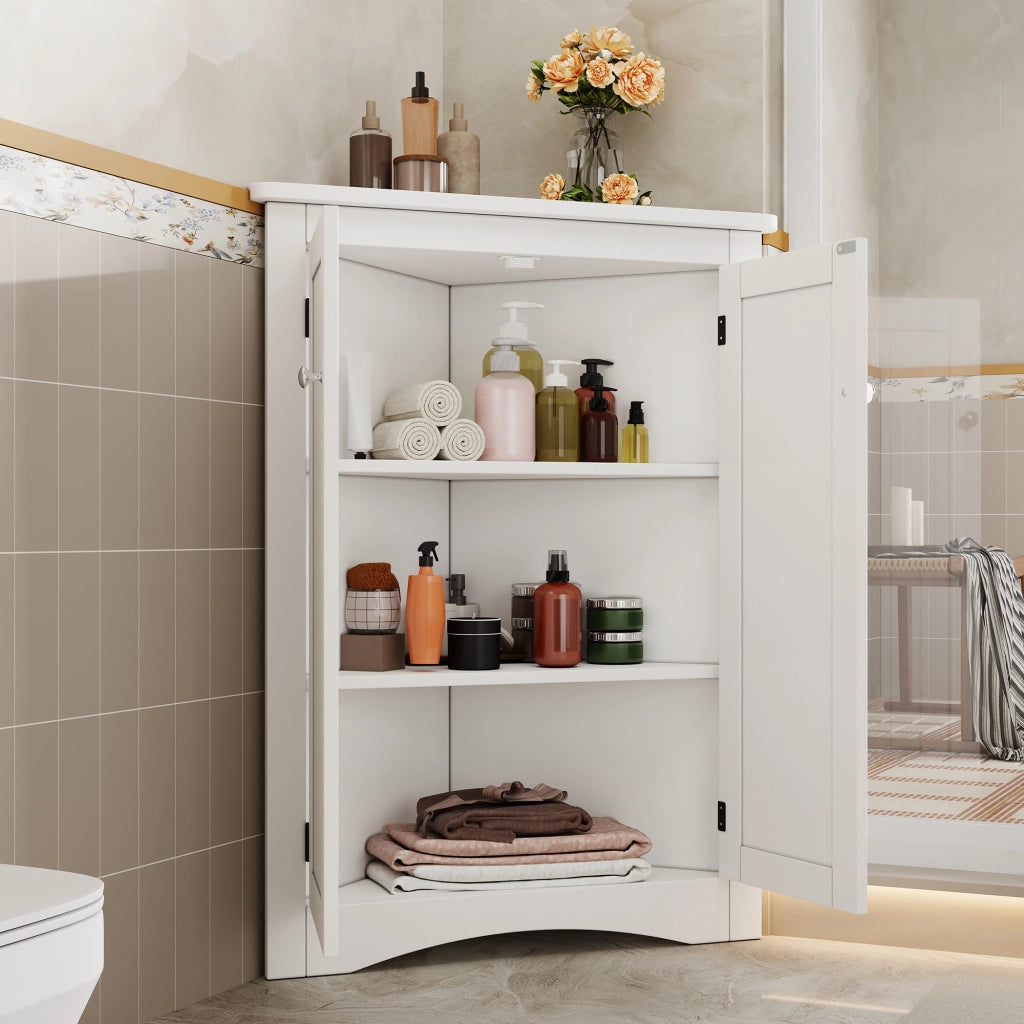 Mobile angolare da bagno con 2 ante e 2 ripiani; per bagno; in MDF; 61.5×80 cm; bianco