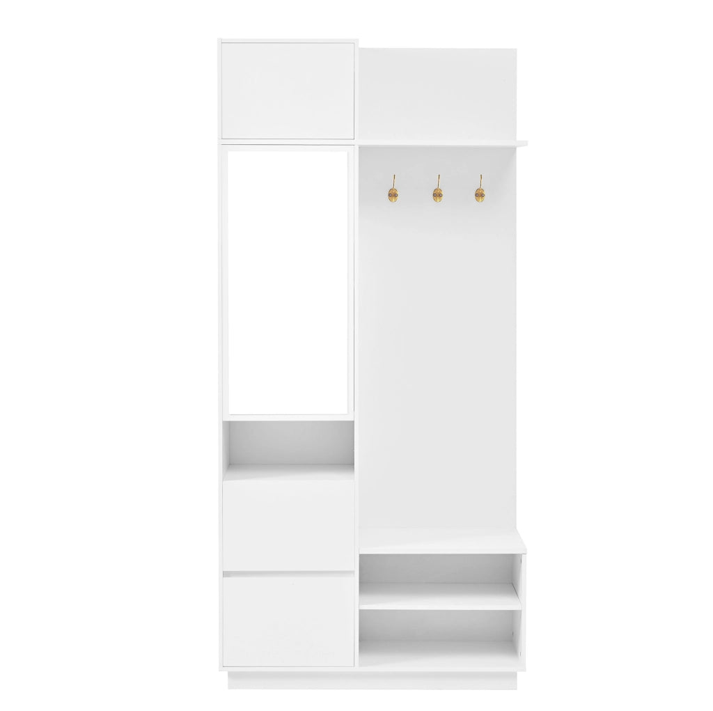 Guardaroba ingresso 5 in 1 con specchio; scarpiera; cassetti e panca; MDF bianco