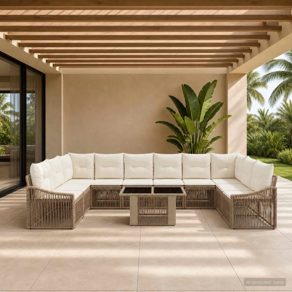 Set Divano da Giardino 11 pz Beige e Bianco Crema polyrattan 3437301
