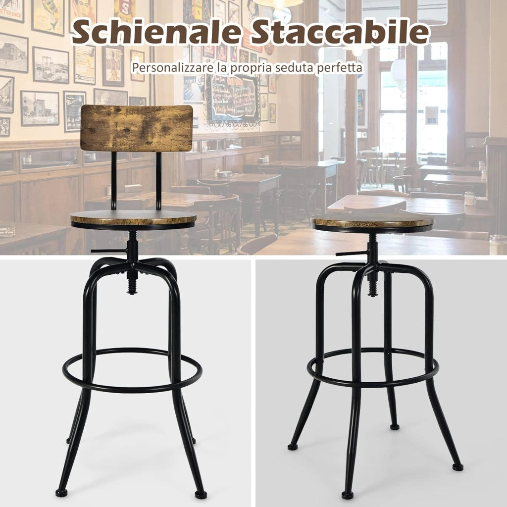 Set di 2 Sgabelli da Bar, Sgabello Girevole con Schienale Staccabile e Poggiapiedi, Altezza Regolabile da 69-76 cm, per Casa Cucina Bar