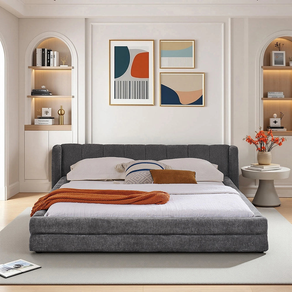 Letto Matrimoniale 140x200cm - Xylo - Testiera Chenille e Struttura Eucalipto/Ferro Grigio Scuro