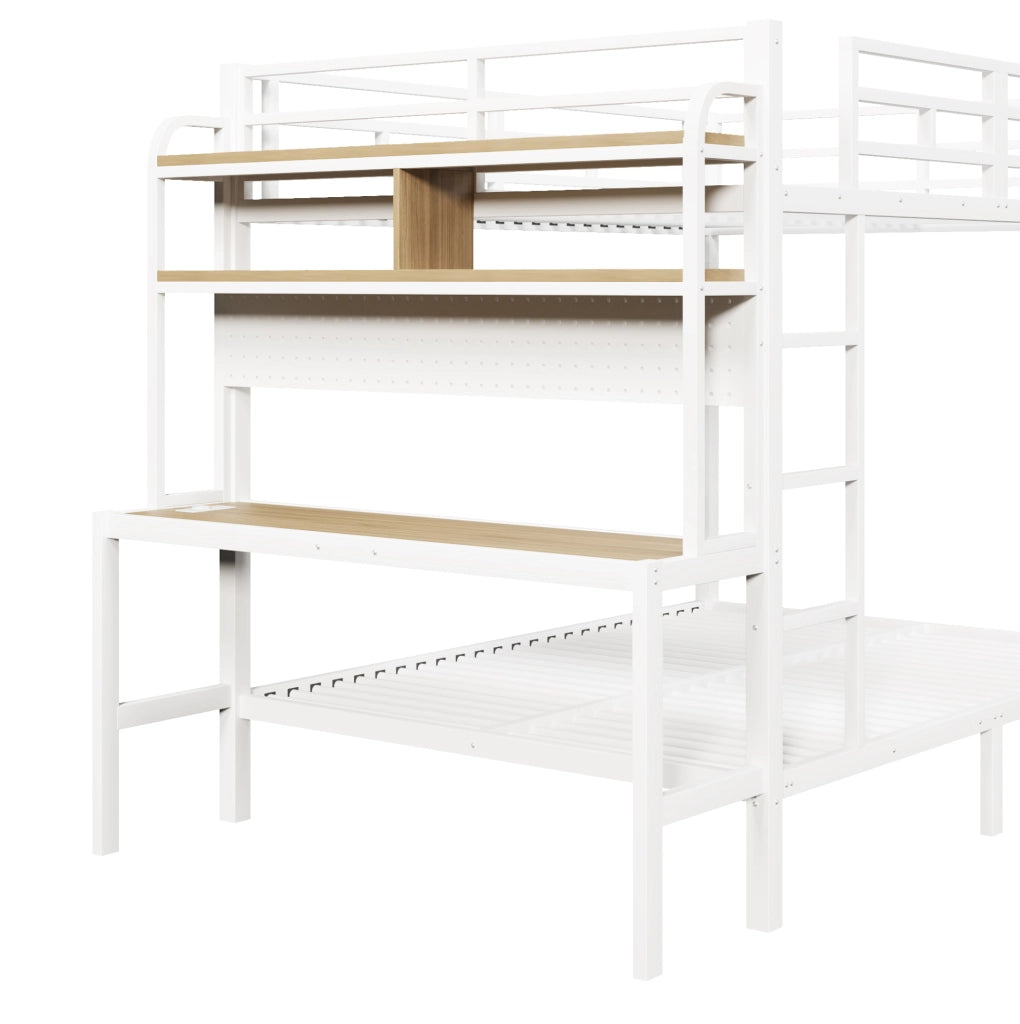 Letto a castello 140x200 cm con scrivania; LED; USB; scala e sponde; bianco